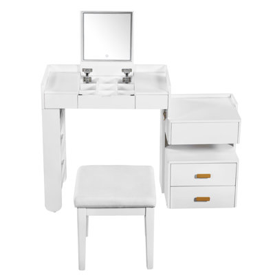 Coiffeuse multifonctionnelle avec miroir rabattable, éclairage réglable et compartiment de rangement divisé - Gardez vos essentiels organisés en blanc caché dans le tiroir 3 couleurs