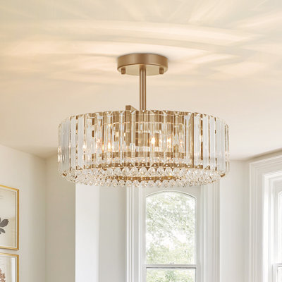 Luxury 4-Light Round Drum Crystal Semi-Flush Ceiling Light