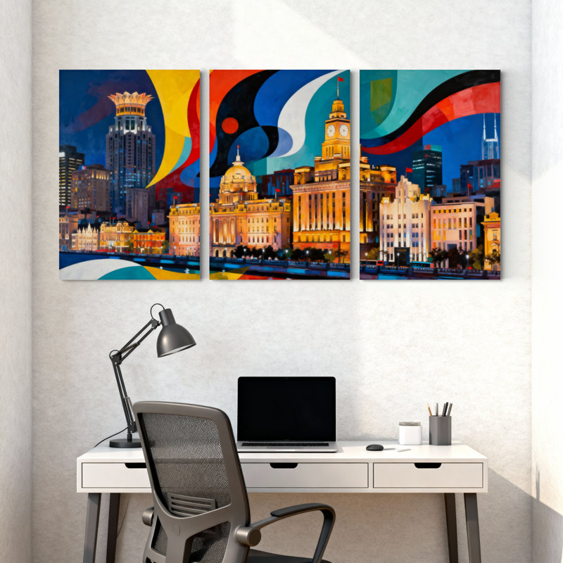 Villes et pays, paysage urbain, reflets, couleurs abstraites, veilleuses, architecture moderne, horizon urbain, ensemble de 3 impressions sur toile