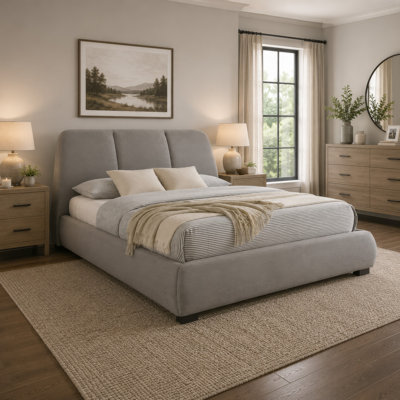 Moke Queen Platform Bed, Foam Fill Flared Headboard, Taupe Upholstery