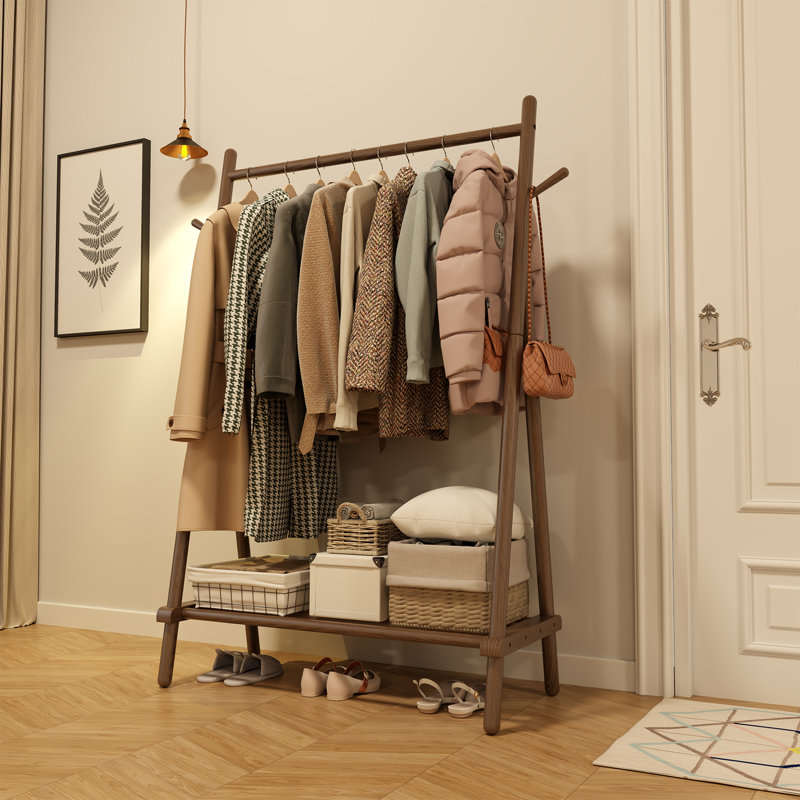Portant à vêtements en bois massif, organisateur de vêtements autoportant avec tablette inférieure et crochets latéraux, Brun