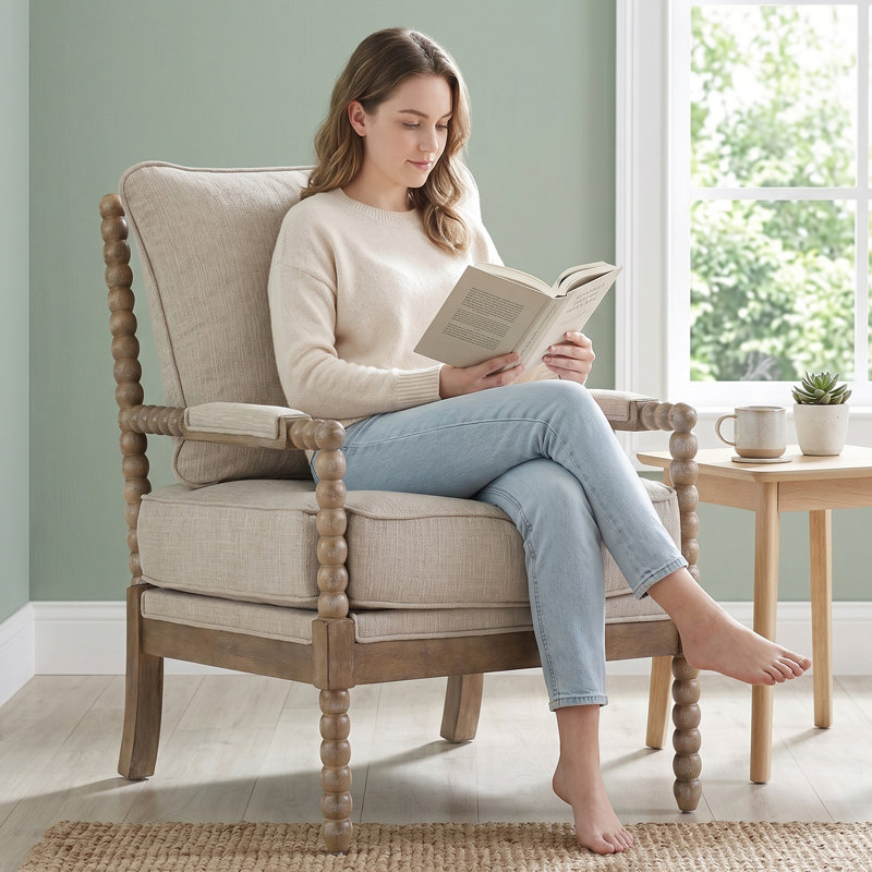 Lorentz Modern Farmhouse Accent Chair 25.5" Wide with Turned Wood and Solid Frame, Cream Chenille, Brown