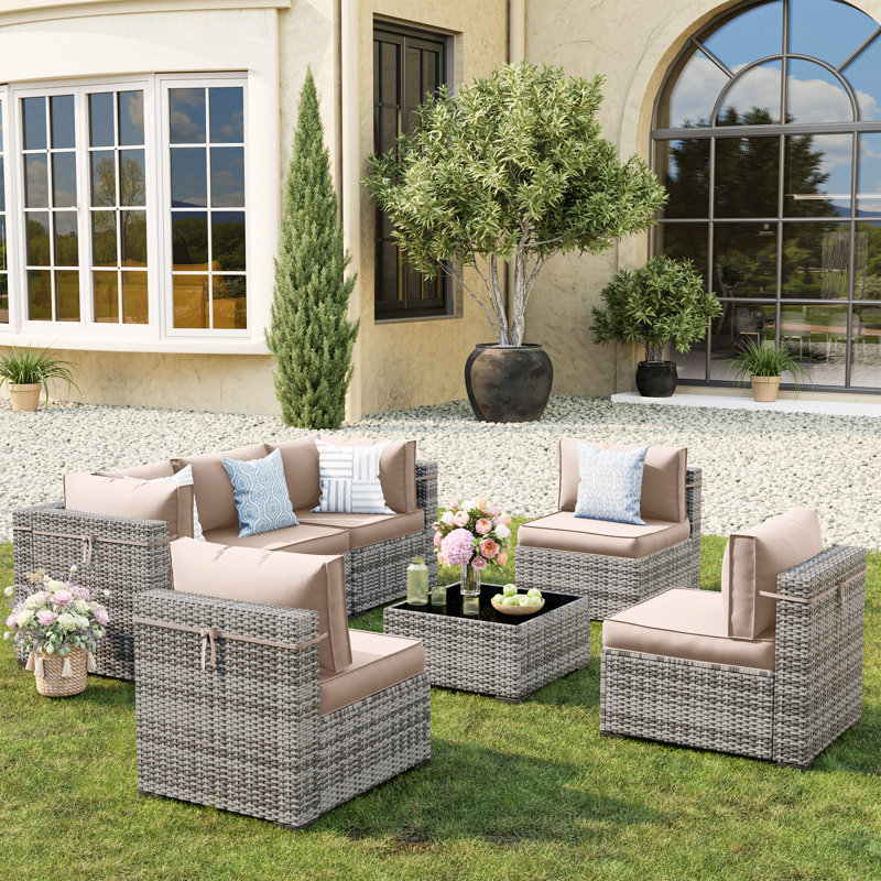 Cawanna 7 Piece Outdoor Rattan Seating Group with Cushions, Beige, Non