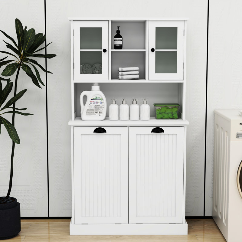 White Laundry Cabinet With Stable Construction And Style Sorter 2 Adjustable Shelves Removable Bags, White