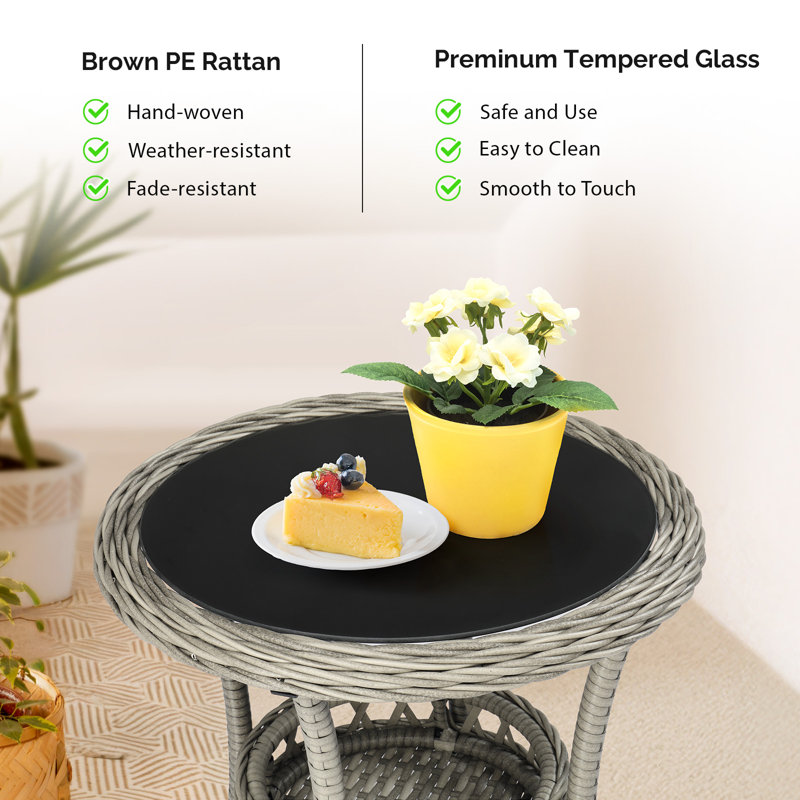 Patio Round Wicker Side Table, Gray