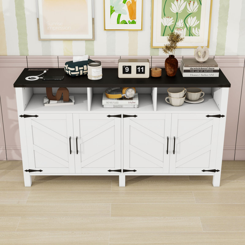 Sideboard with 4-Door, Power Outlets and Adjustable Shelves, White/Black