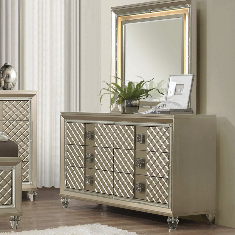 Finition champagne glamour 1 pièce commode de 6 tiroirs pieds en acrylique de luxe avec garniture de miroir biseauté