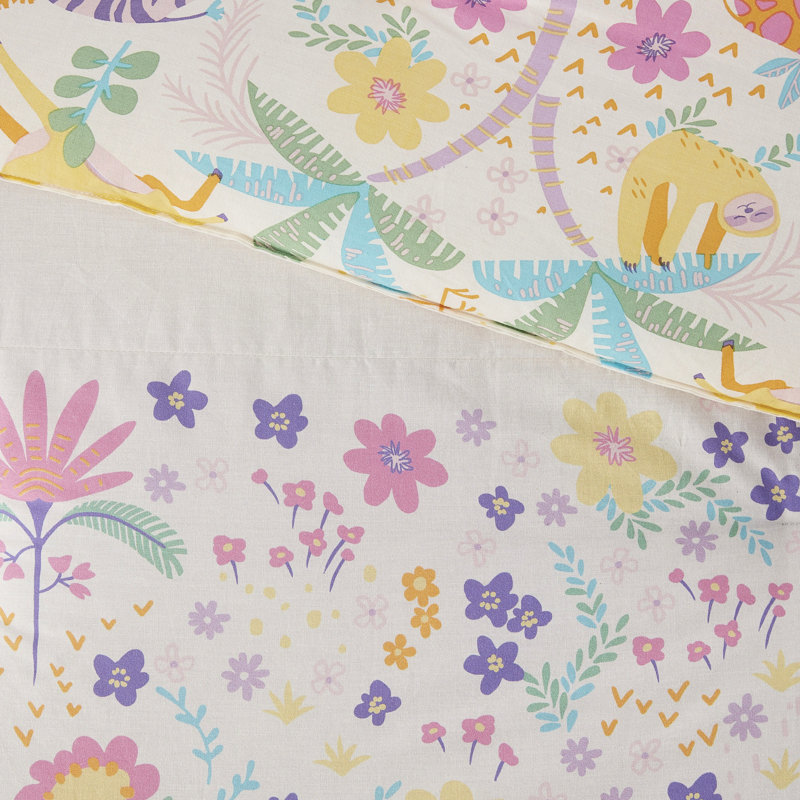 4 Piece Full/Queen Purple Floral Reversible Cotton Comforter With Tiger And Elephant Jungle Print - , Machine Washable Pcs Fabric