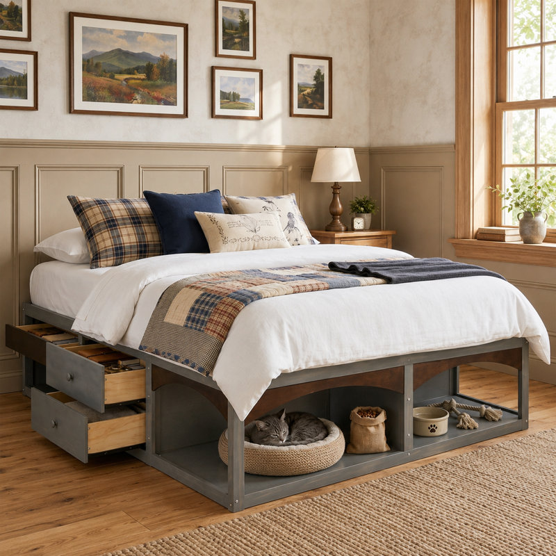 Très grand lit plateforme rétro gris minimaliste sans tête de lit, avec tiroirs et bande lumineuse à DEL, conception adaptée aux animaux de compagnie sans base de lit.