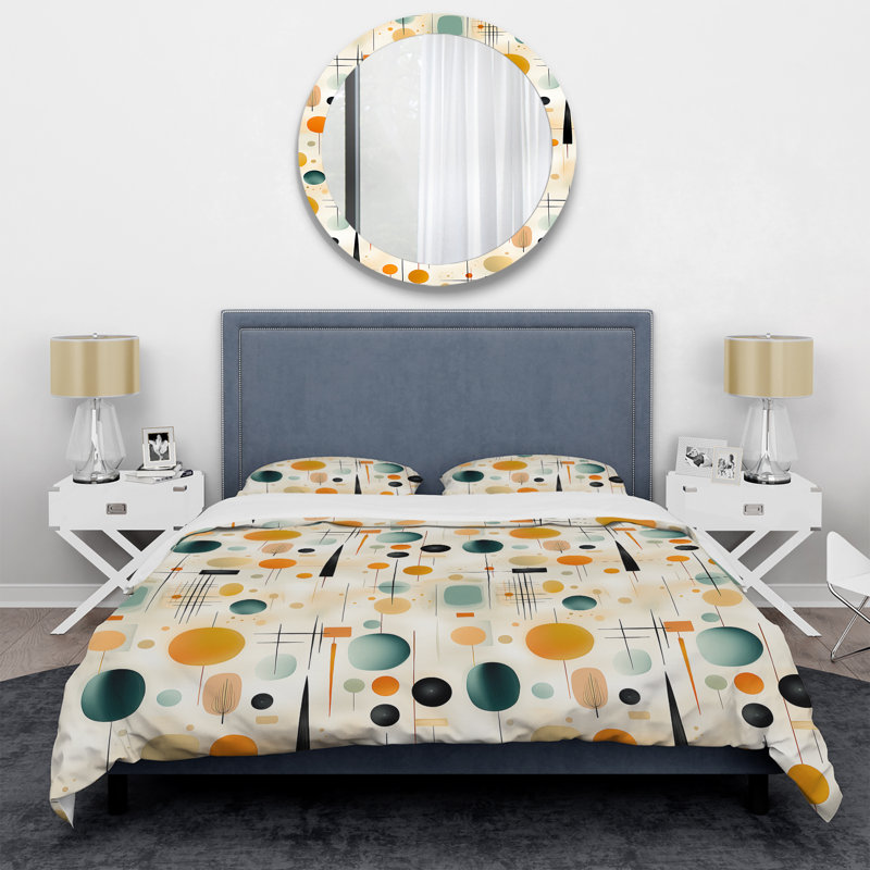 Ensemble de housse de couette Mid-Century moderne - Microfibre de polyester, Motif de cercles roses et dorés