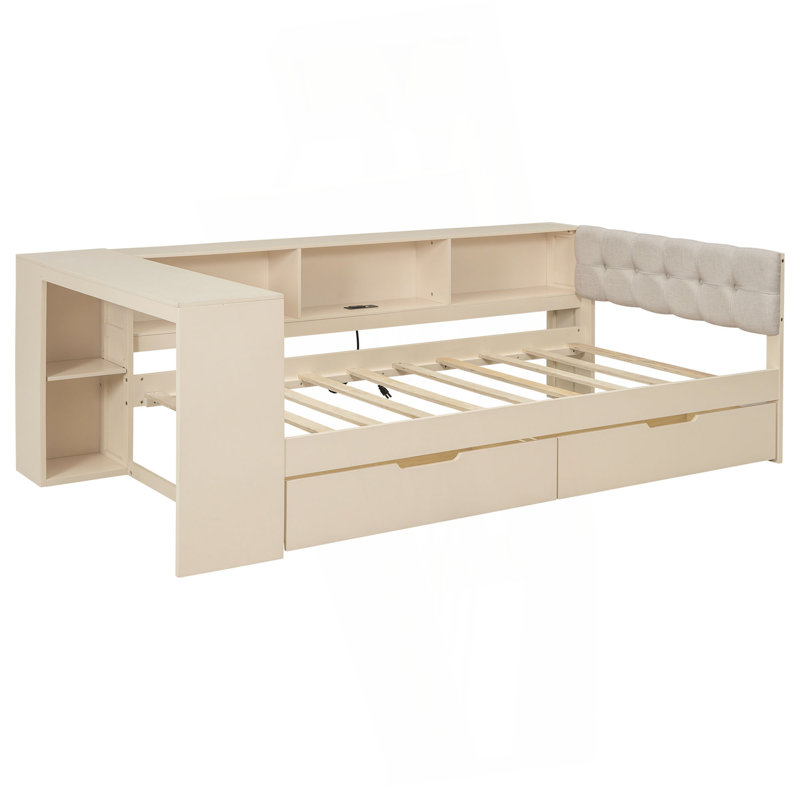 Lit plateforme simple en bois avec tablettes de rangement, tiroirs, station de charge et tête de lit tapissier, crème