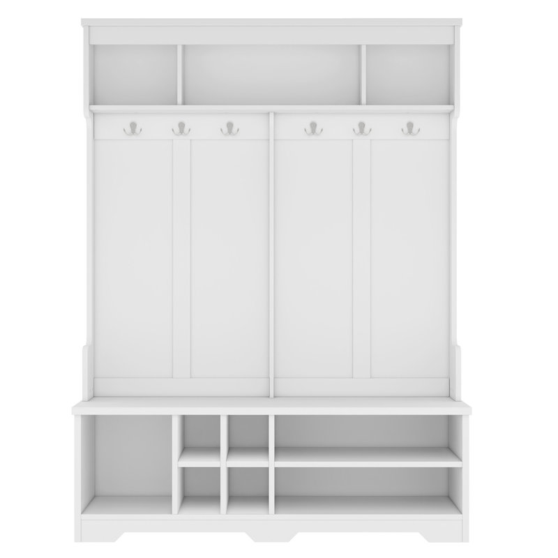 Modern White Hall Tree With 6 Metal Hooks - 3 Top Dividers & Shoe Storage For Entryway, White