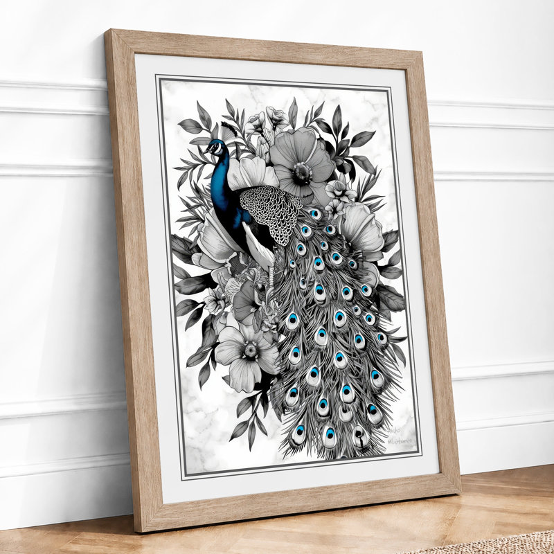 Ornamental Peacock Study Botanical - Framed Print, A2 - 59.4 x 42.0 cm, Oak