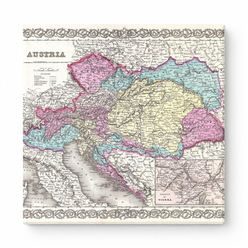 Colton's Map of Autriche (1855) - art mural carré sur toile, L 12 po x H 12 po