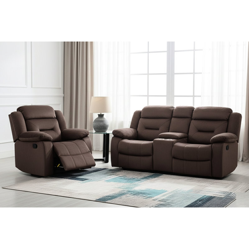 Salon 2 pièces en velours chocolat : fauteuil inclinable avec accoudoirs rembourrés et capitonnage vertical en velours.