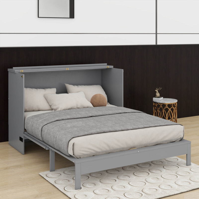 Lit escamotable double avec tiroirs,  Gris, Lit double