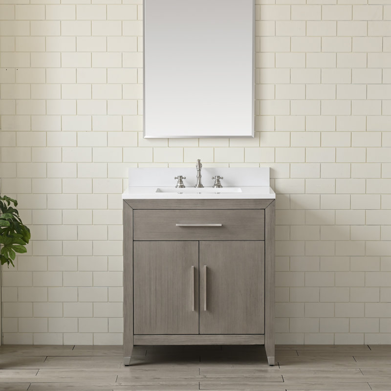 Meuble-lavabo sur pied simple 30,25 po Maddison avec plateau en pierre reconstituée, Chêne brossé héritage
