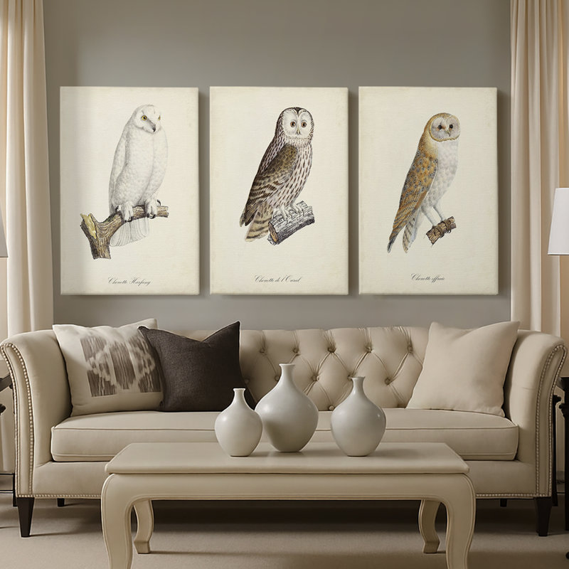 French Owls IV - Toile tendue avec châssis sur mesure - 3 pièces, H 48 po x l 96 po