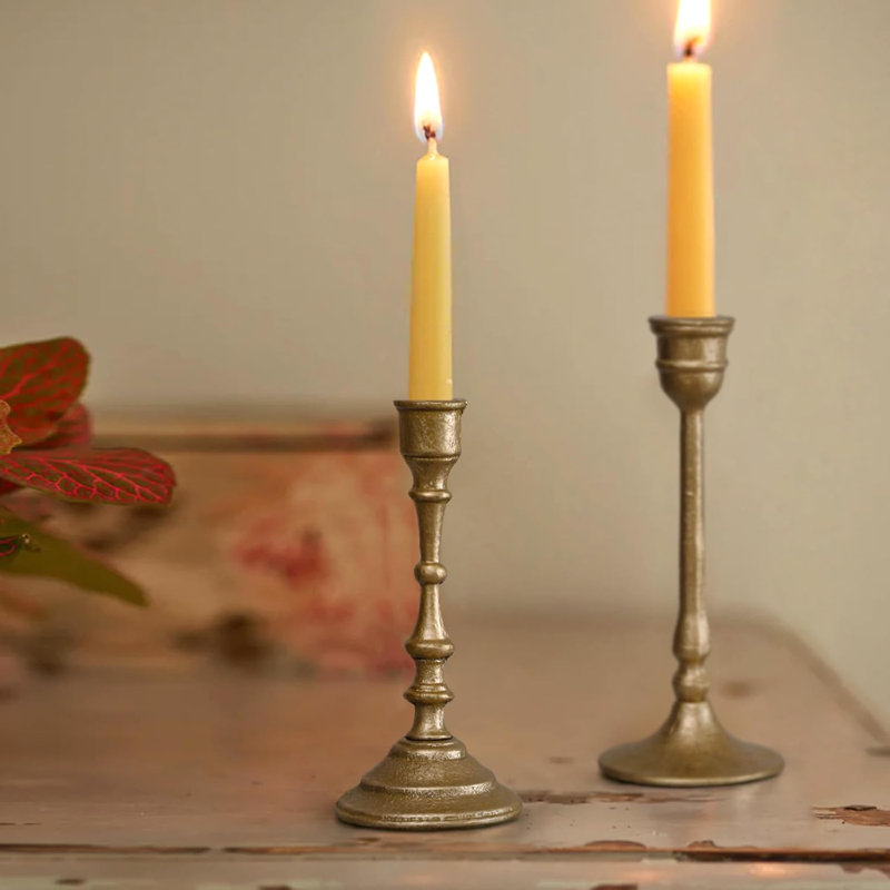 Iron Taper Candle Holder - Set Of 2 Decorative Candle Stand - Candlestick Holder For Wedding, Dinning, Party - Antique Brass