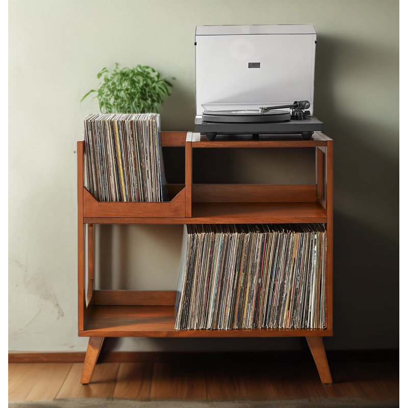 Console multimédia de style Mid-Century avec rangement pour disques, support pour tourne-disque et tablette de composants audio pour disques vinyles et divertissement à domicile