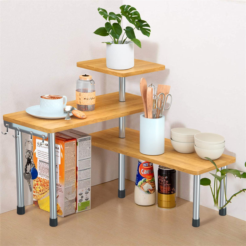 3 Tier Kitchen Corner Shelf Desktop Bamboo Shelving Organiser Spice Storage Rack, Space Saving Organizer Corner Bookshelf For Kitchen, Home, Office With Hooks (Natural)