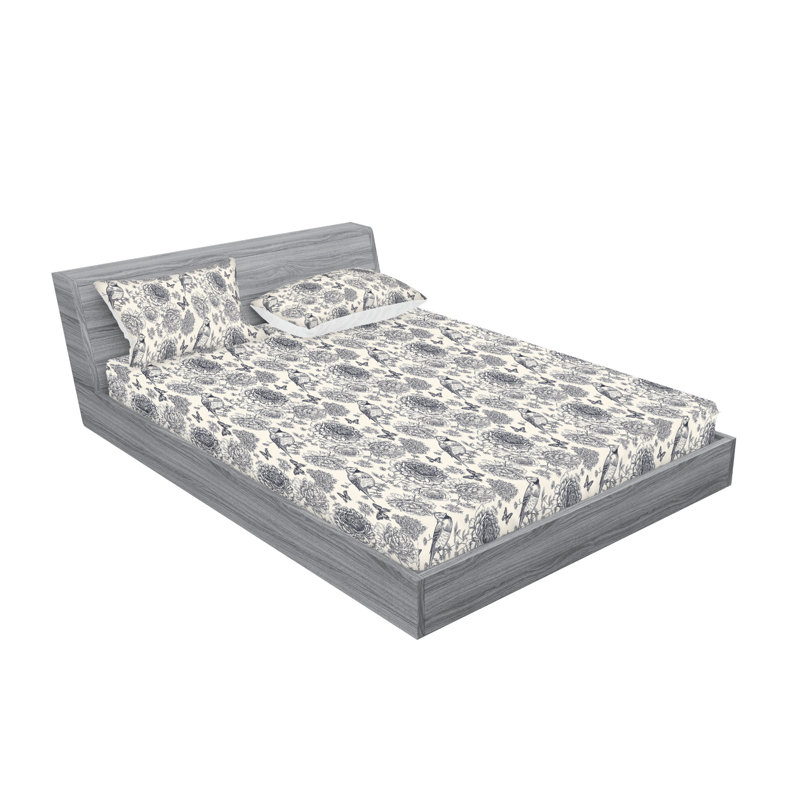 Drap-housse et taies décoratives 3 pièces Ambesonne, Coquille d'œuf et bleu foncé / motif floral gris