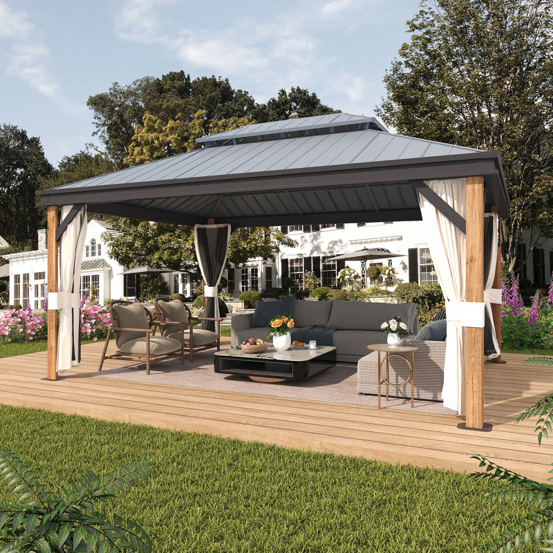12 Ft. W x 16 Ft. D Outdoor Patio Gazebo, Wood Grain Aluminum Frame, Double Galvanized Steel Hardtop Roof with Mosquito Netting, Privacy Curtain & Ceiling Hook