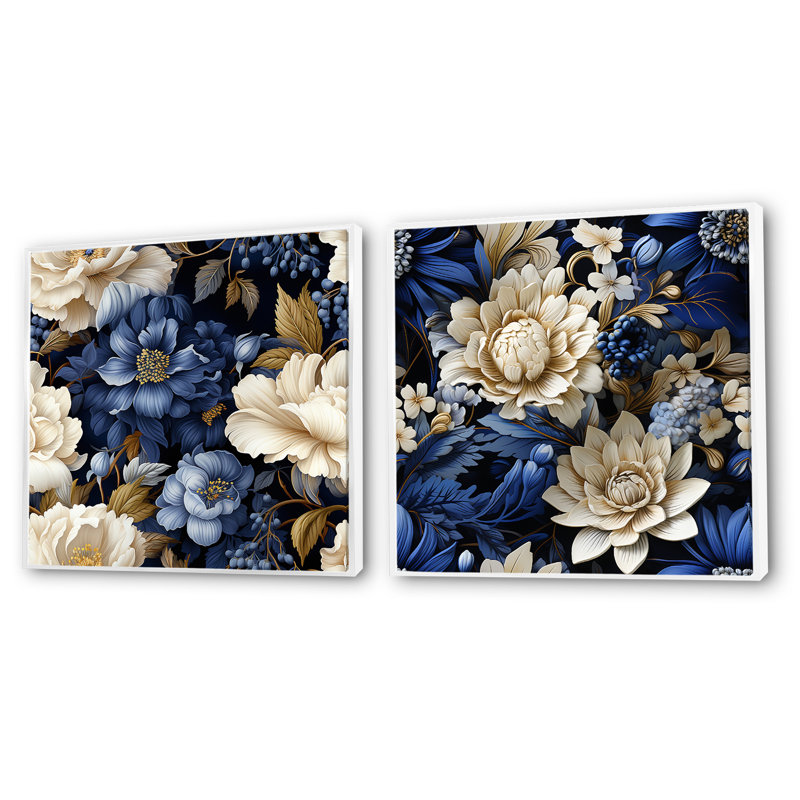 Victorian Cobalt Foliage Victorian, Cadre flottant blanc, H 30 po x l 61 po