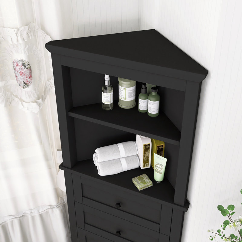 3-Drawer Triangle Tall Cabinet With Adjustable Shelves For Home, Black