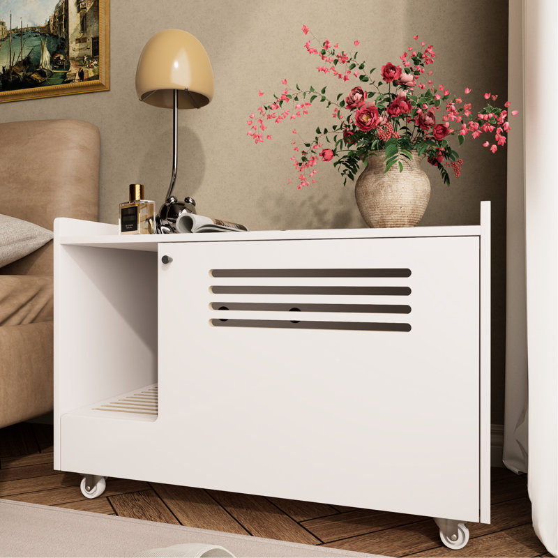 Litière blanche cachée pour chat avec clôture supérieure, table d'appoint pour animal de compagnie et banc de rangement, roues silencieuses, système de ventilation à convection d'air avec contrôle des odeurs, grille, tapis