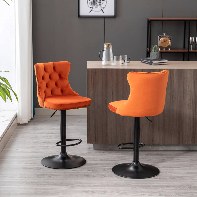 Swivel Velvet Barstools Adjusatble Seat Height From 25-33 Inch,17.7Inch Base, Modern Upholstered Bar Stools Set Of 2, Orange