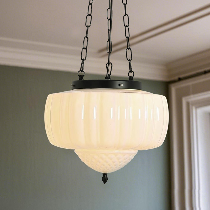 Large Milk Glass Pendant Light, White, Chain-Black