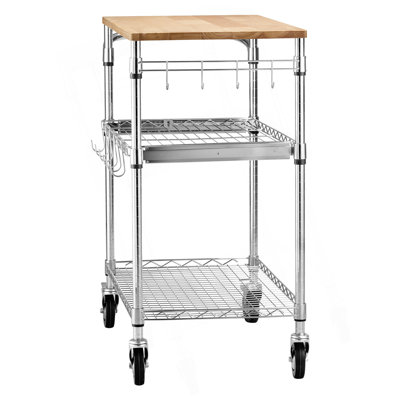 Chariot de cuisine, chariot de rangement réglable en fil métallique robuste à 3 niveaux avec plateau en bois et poignée, chariot de service portatif sur roulettes, table de travail en acier de 661 lb, 30 x 18 x 36 po