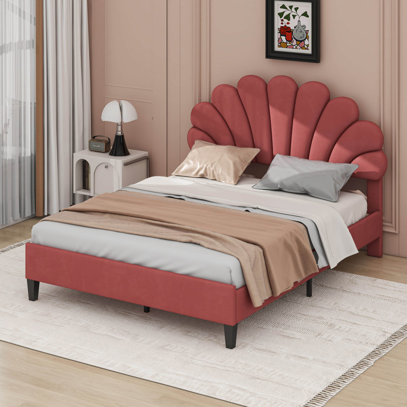 Grand lit plateforme tapissier avec tête de lit en velours à motif floral, Pâte de haricots rouge