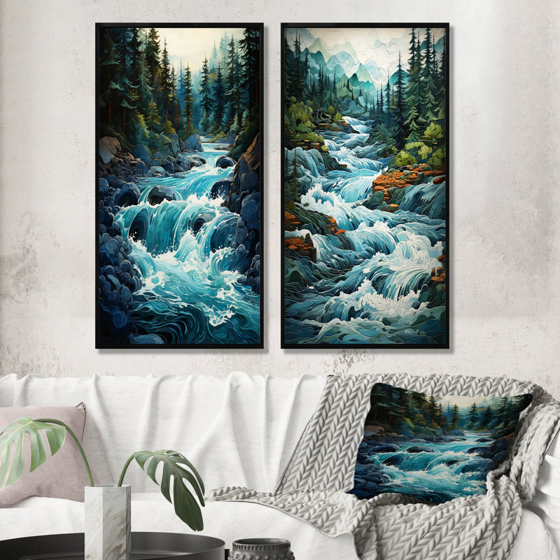 «Landscape Waterfall Reverie», ensemble de 2 impressions sur toile, H 28 po x l 25 po, Cadre flottant noir