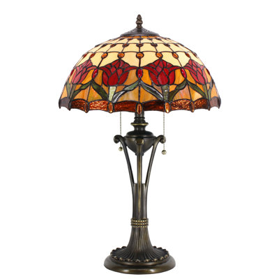 Tiffany Table Lamp Red Amber Stained Glass Desk Lamp 16X16X24 Inches Tulip Flower Style Reading Light