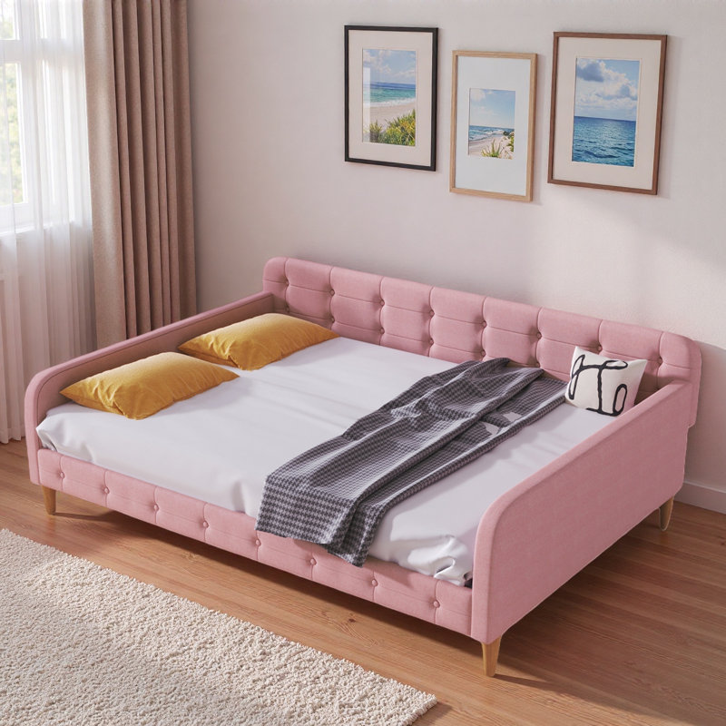 Upholstered Daybed With 4 Support Legs And Button Tufted Design, Full/Double, Pink