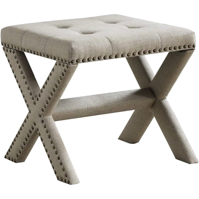 Banc d'appoint en mélange de lin avec siège et garniture cloutée, structure en bois franc d'ingénierie, mousse à haute densité, l 17 po garni de vestibule, structure, profondeur de 19 po d'épaisseur
