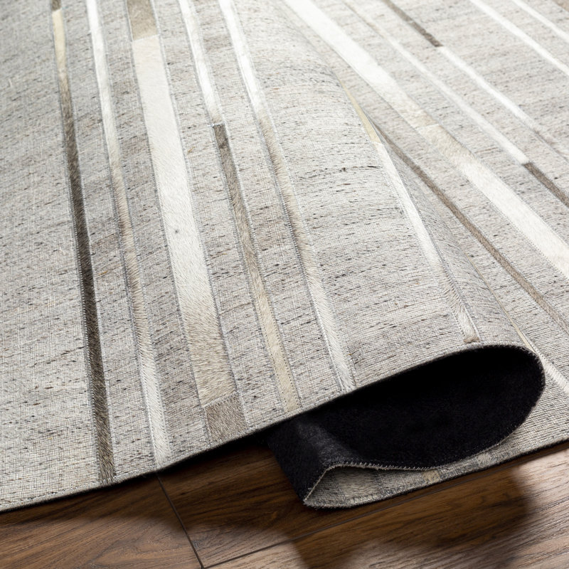 Asbey Rectangle Striped Handmade Flatweave Viscose/Leather/Cowhide Area Rug in Gray/Taupe, Rectangle 5' x 7'6"