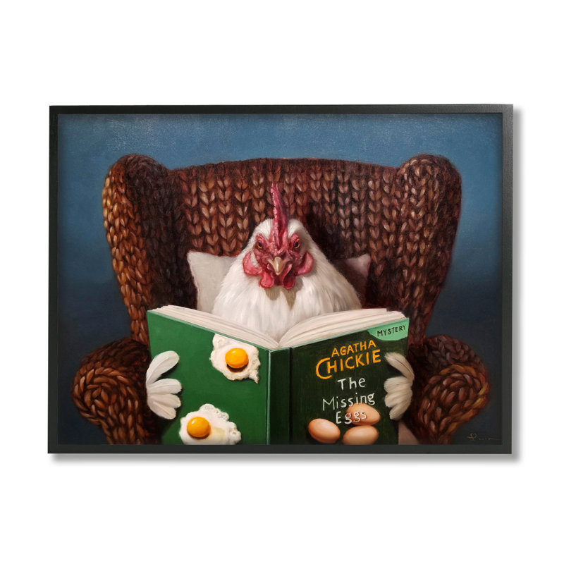 Poulet lisant un livre, impression sur bois, Giclée encadrée noir minuit, H 24 po x l 30 po x P 1,5 po