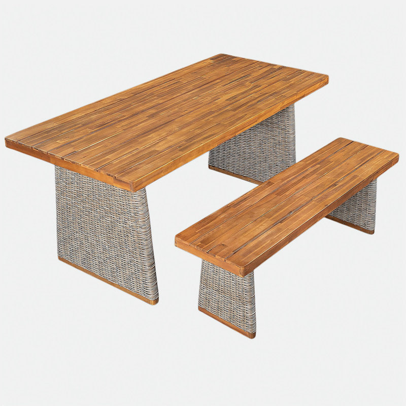 Ensemble de table de salle à manger d'extérieur en bois d'acacia avec 1 table et 1 banc, brun, Brun / teck