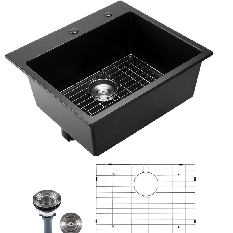 Évier de cuisine en granite à montage sur le dessus de 25 pouces pour comptoirs de bar et de télévision, en composite de quartz noir à haute durabilité, surface à égratignure, bouchon de kit de drain fourni, s'adapte aux plaques de cuisson pour casseroles
