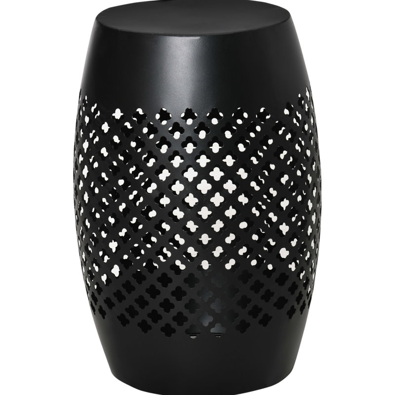 Black 12.5" Patio Table, Steel Round Hollow Drum Side Table For Indoor Outdoor, , Wipe Clean Geometric Design Outdoor End Black, , Stain-, Pattern