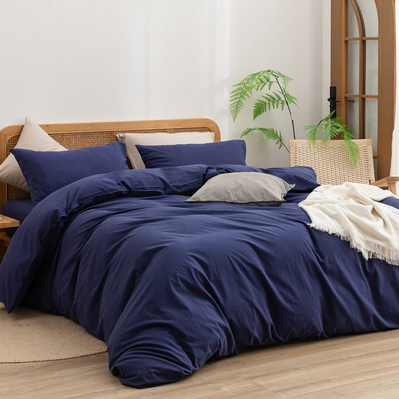 Ensemble de housse de couette 100% coton délavé Bestouch Bestouch, Marine, Housse de couette super très grand + 2 taies d'or