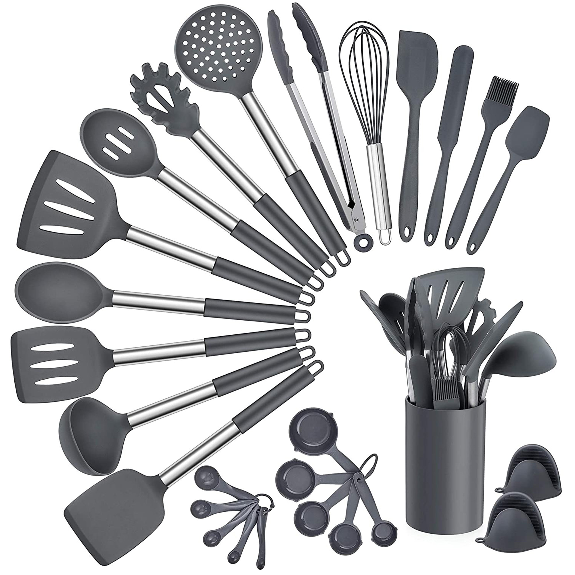 Nutrichef 10 PCS. Silicone Heat Resistant Kitchen Cooking Utensils Set - Non-Stick Baking Tools with PP Holder (Gray & Black)