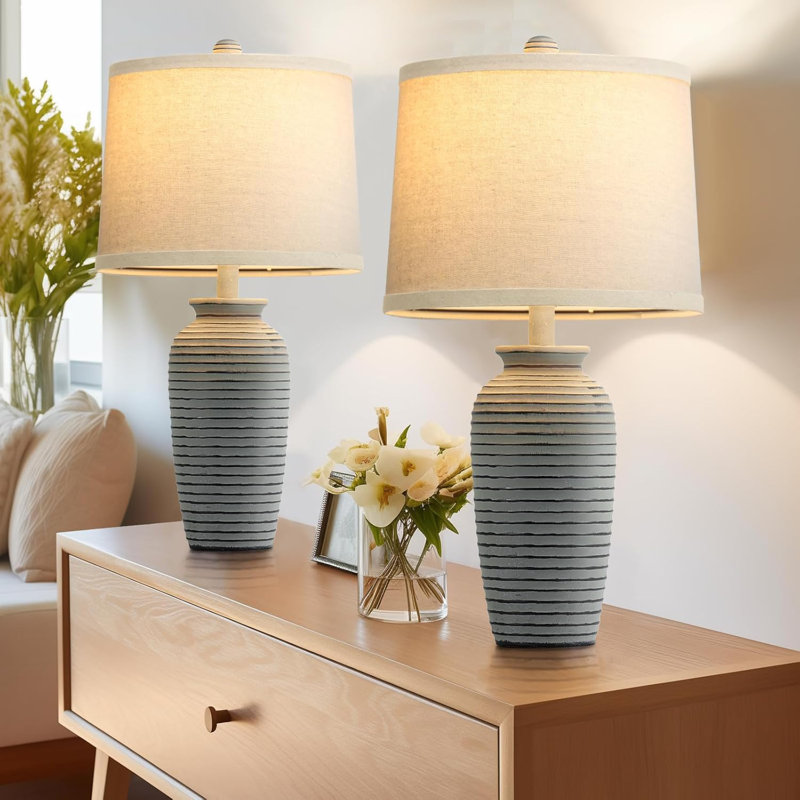 Farmhouse Table Lamps Set Of 2 With 3-Color Temperature LED Bulbs Included, Rustic Resin Nightstand Lamps For Bedroom Living Room End Table, Vintage Style With Dark-Grey Body