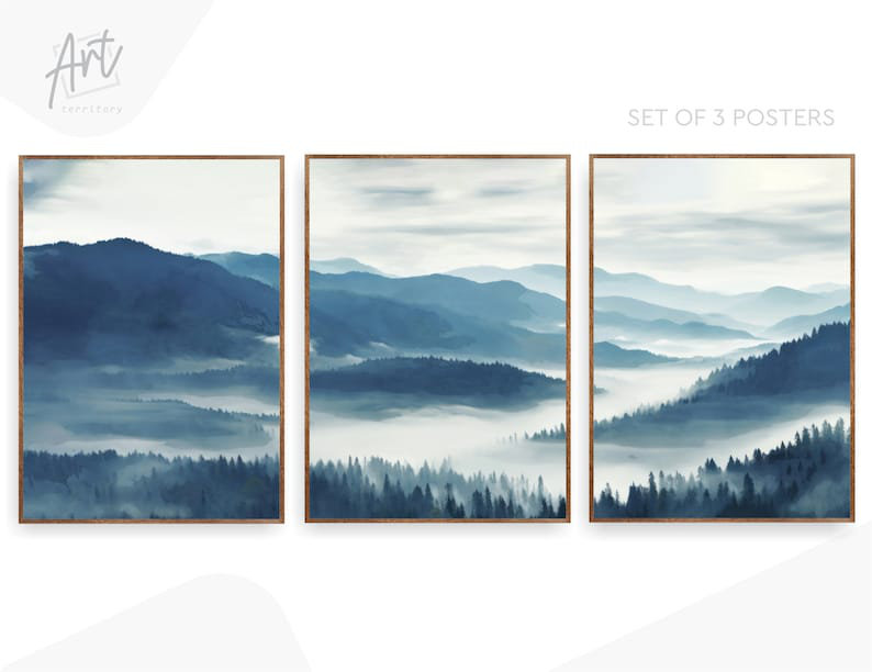 Parc national des Blue Ridge Mountains, ensemble de 3 aquarelles, art mural, Toile tendue, H 47 po x l 99 po x P 1,5 po