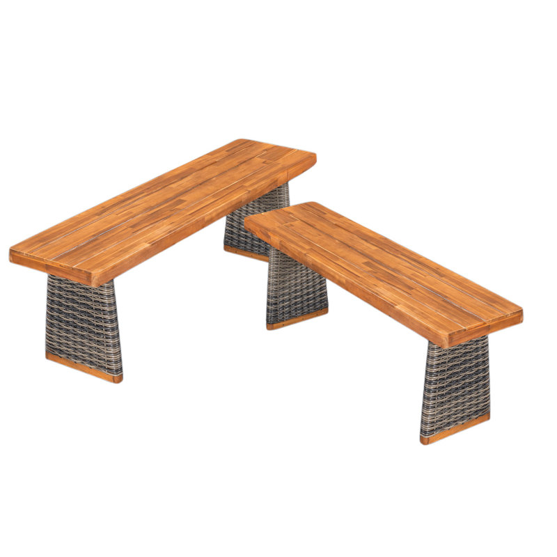 Banc d'extérieur en bois d'acacia (ensemble de 2), finition teck + osier gris, Gris