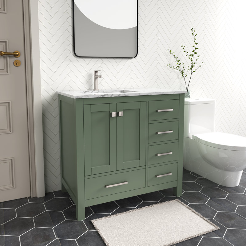 Anvay 36 in. Single Sink Freestanding Bath Vanity in Forest Green with Carrara Marble Top, Marble - White Carrara