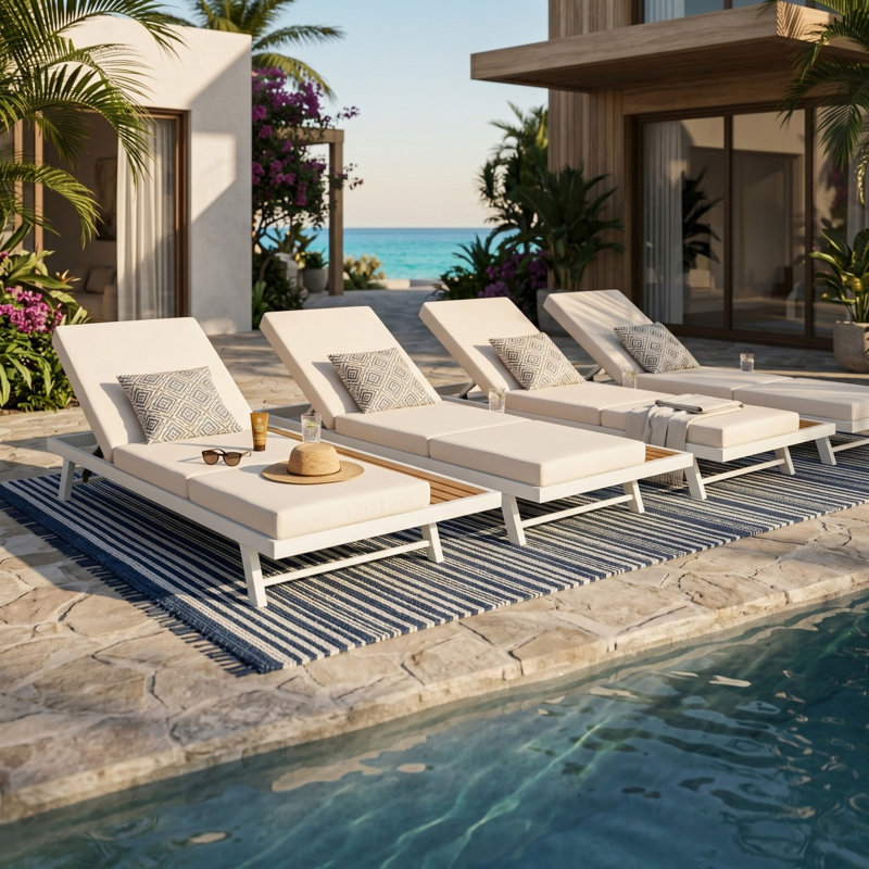 Ensemble de chaises longues en fer blanc et teck avec coussin crème, capacité de 400 lb, coussin de 3 po d'épaisseur résistant à l'eau, dossier réglable avec surface de rangement plate pour patio